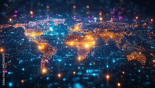 Global BPM Network: Connecting the Dots, global map with various nodes representing different business units interconnected by vibrant lines and data points, 