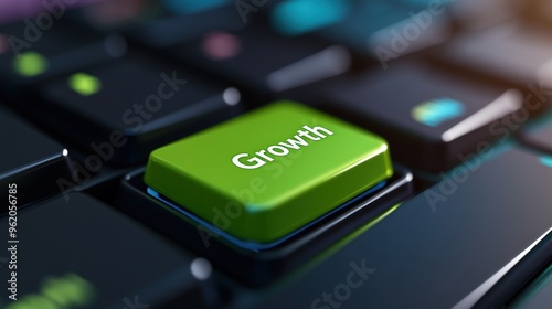 A close up of a green button on the keyboard that says growth, AI