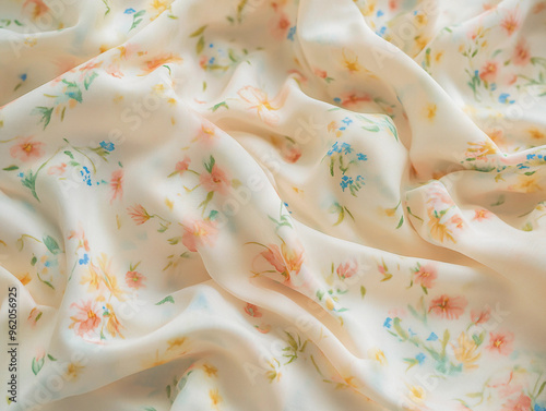 calico fabric, small floral print in soft pastel colors, lit with soft studio lighting to highlight fabric texture and pattern intricacies