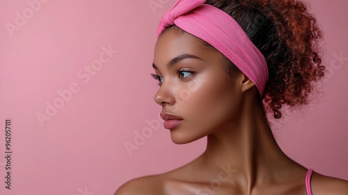 Beautiful Black Woman with Pink Headband on Pink Background