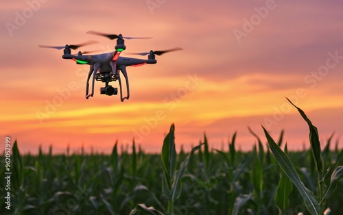 A close-up of a drone spraying nutrients over a large cornfield at sunset