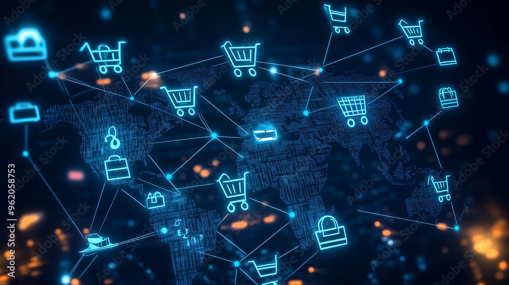 Digital world map with connected shopping icons, abstract e-commerce network, global retail trends Digital world map with connected shopping icons, abstract e-commerce network, global retail trends