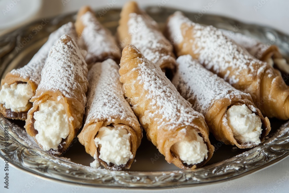 A platter of classic Italian cannoli filled with sweet ricotta and sprinkled with powdered sugar A platter of classic Italian cannoli filled with sweet ricotta and sprinkled with powdered sugar