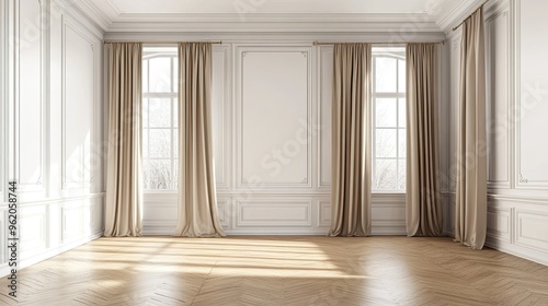 Wallpaper Mural 3D illustration of an empty room with white walls, parquet flooring, a wide window with classic white vitrage, and three beige curtains elegantly drawn to the sides Torontodigital.ca