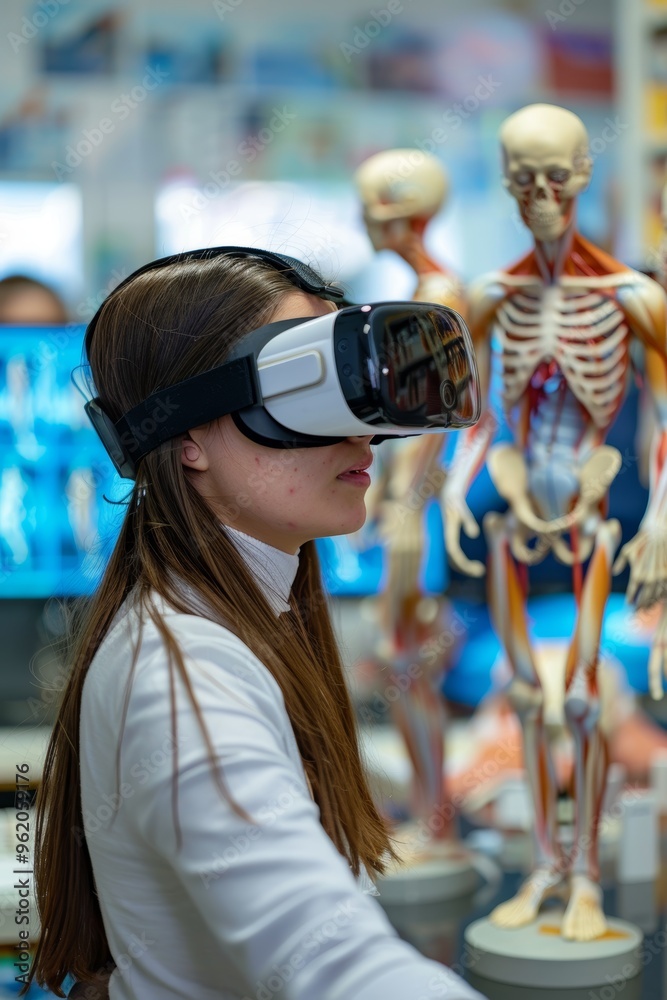 Adult Learner Studying Anatomy with VR Headset in High-Tech Classroom for Enhanced Education