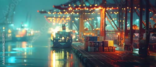 A container ship docked at a brightly lit port at night, with stacked shipping containers and industrial cranes in view.