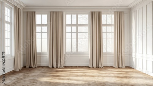 3D rendering of an empty room with parquet flooring, white walls, a wide window featuring classic white vitrage, and three beige curtains on the sides