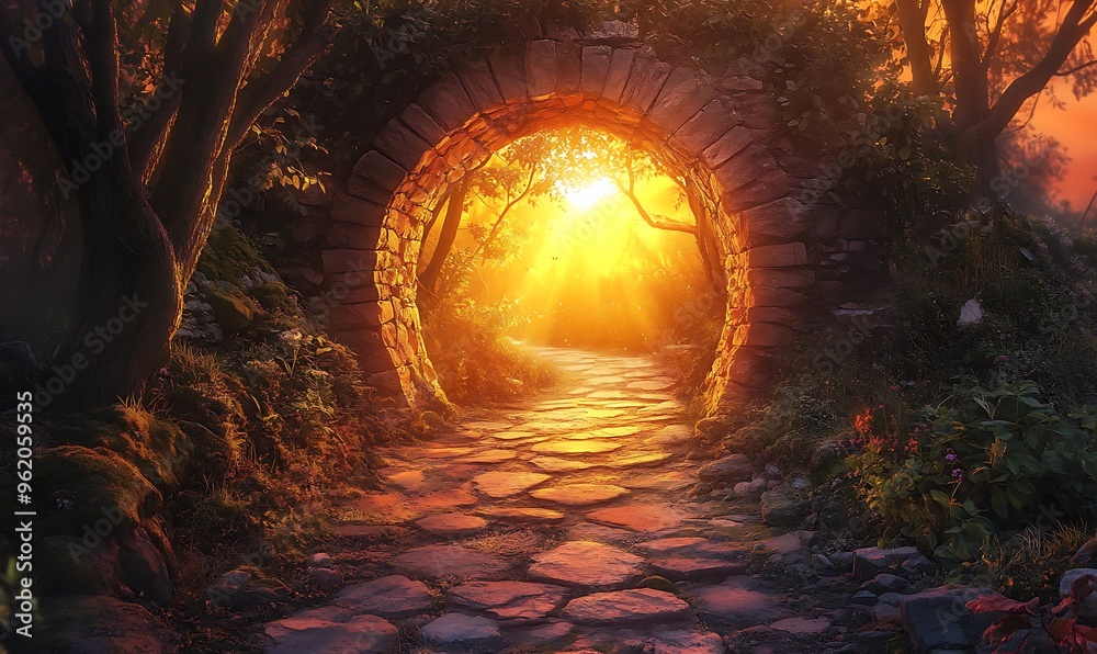 Stone Archway Leading to a Sunlit Forest Path Stone Archway Leading to a Sunlit Forest Path