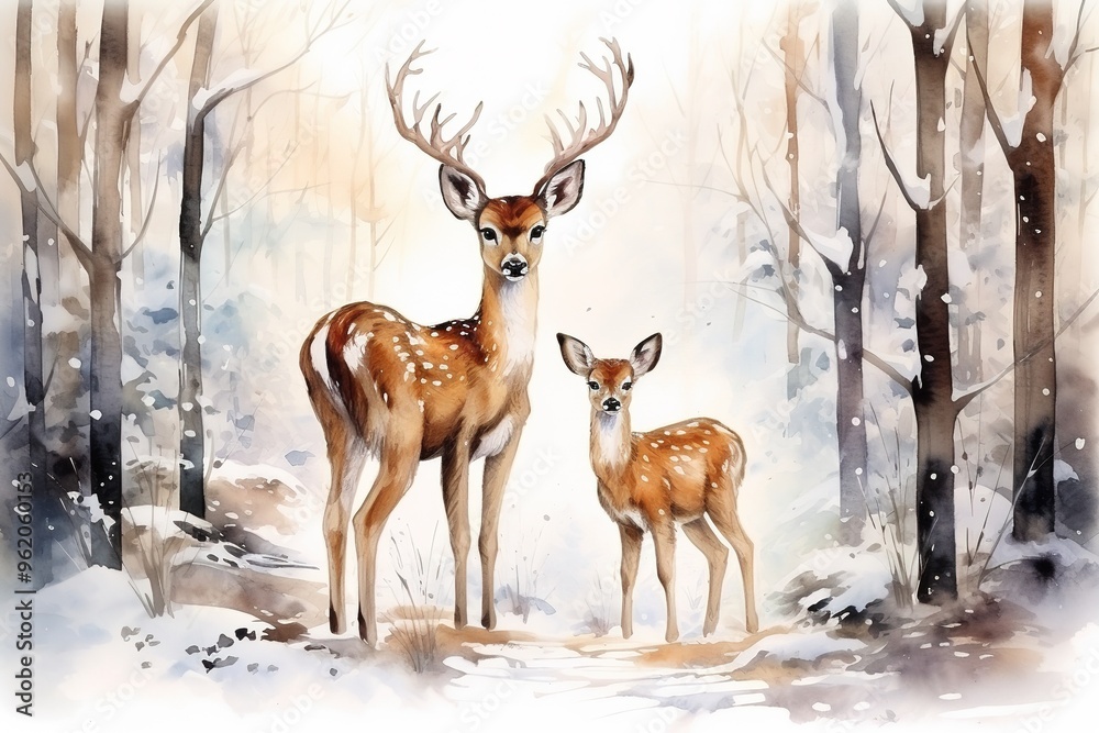 watercolor card of deer with antlers and fawn standing in a winter snowy forest