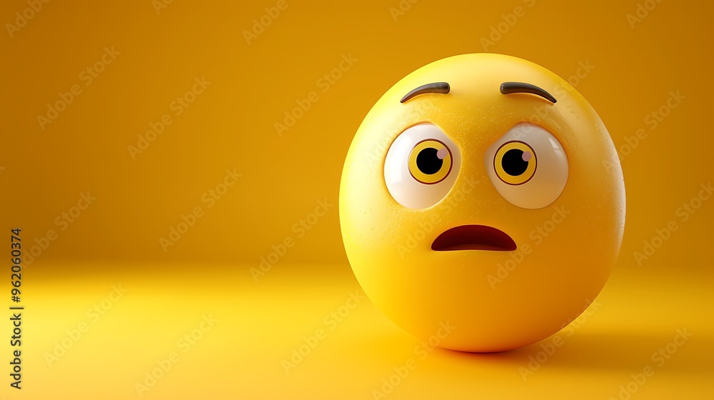 Fototapeta premium 3D yellow emoji with curious expression, raised eyebrow, yellow gradient background