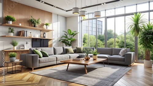 Bright and airy living room with sleek furniture wooden elements and floor to ceiling window interior design