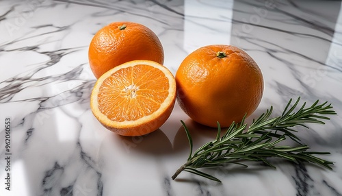 A close up of a marble kitchen counter with two organic oranges and a sprig of rosemary.