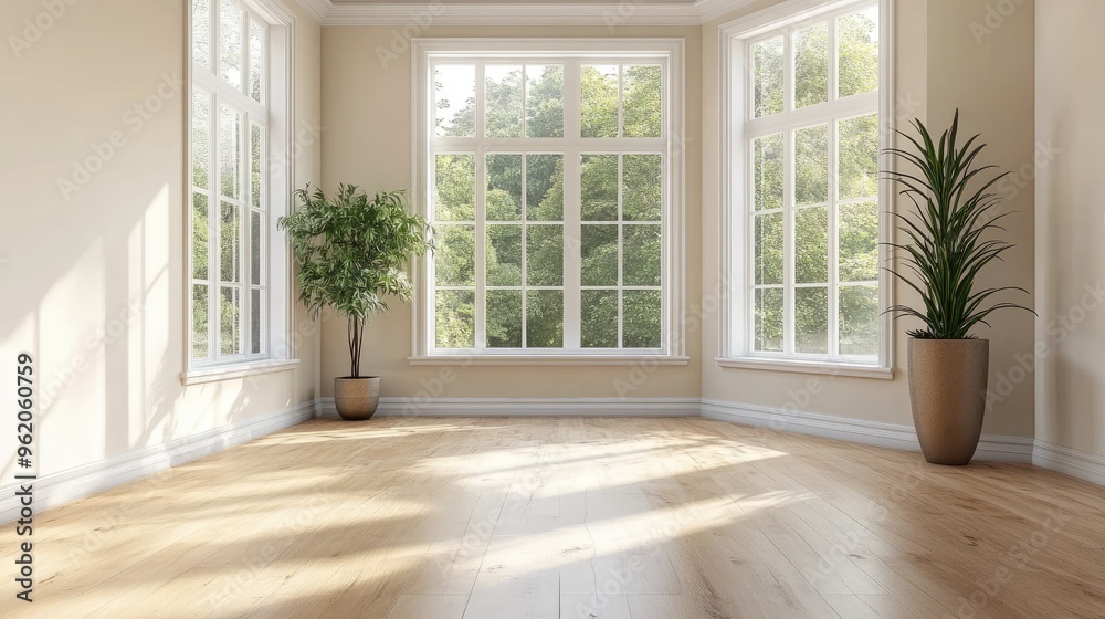 A bright, empty room with a large bay window, sleek wooden floors, and neutral-toned walls, perfect for showcasing modern interior design ideas A bright, empty room with a large bay window, sleek wooden floors, and neutral-toned walls, perfect for showcasing modern interior design ideas