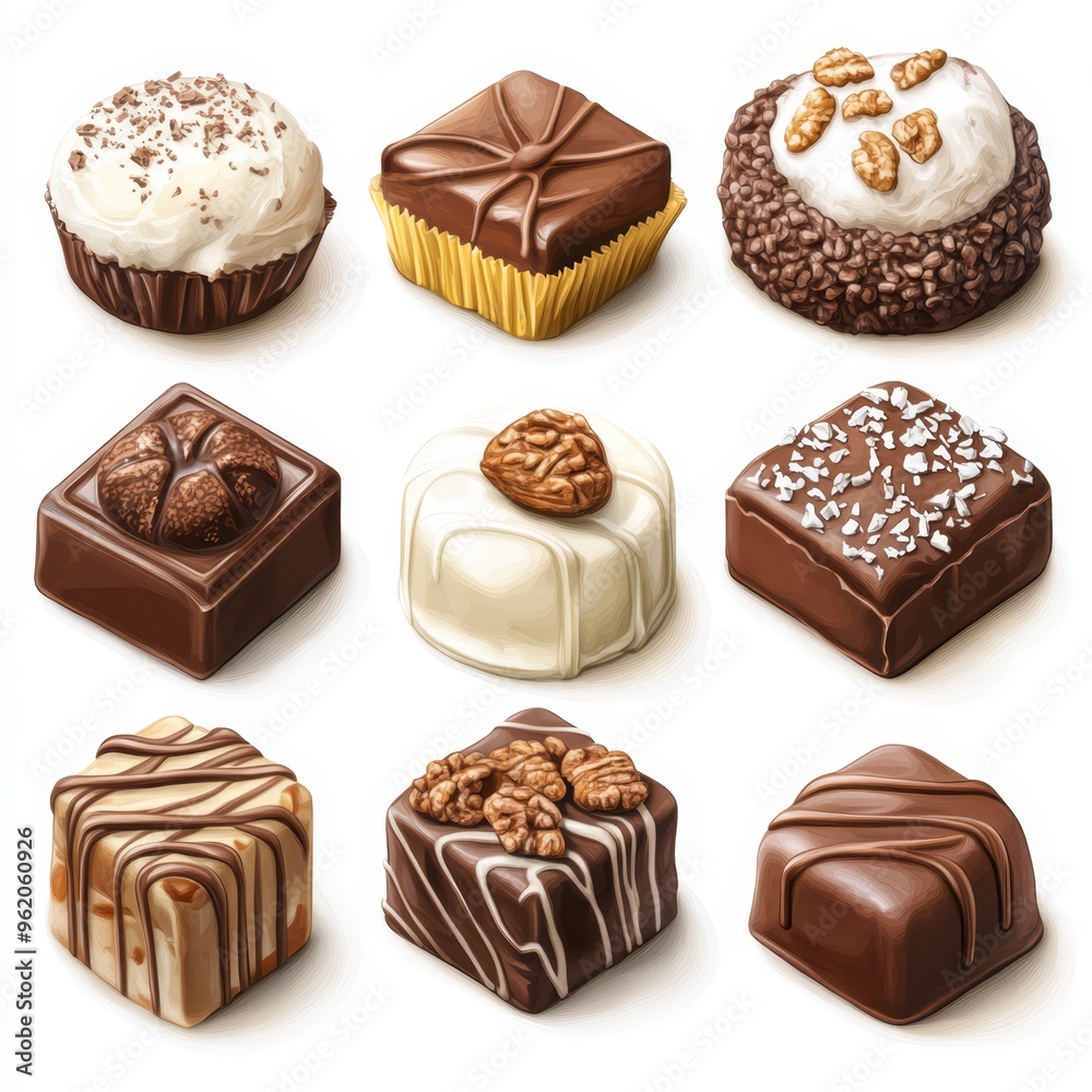 A delightful arrangement of chocolates in various shapes and flavors displayed on a clean white background, showcasing a tempting selection of treats for chocolate lovers A delightful arrangement of chocolates in various shapes and flavors displayed on a clean white background, showcasing a tempting selection of treats for chocolate lovers