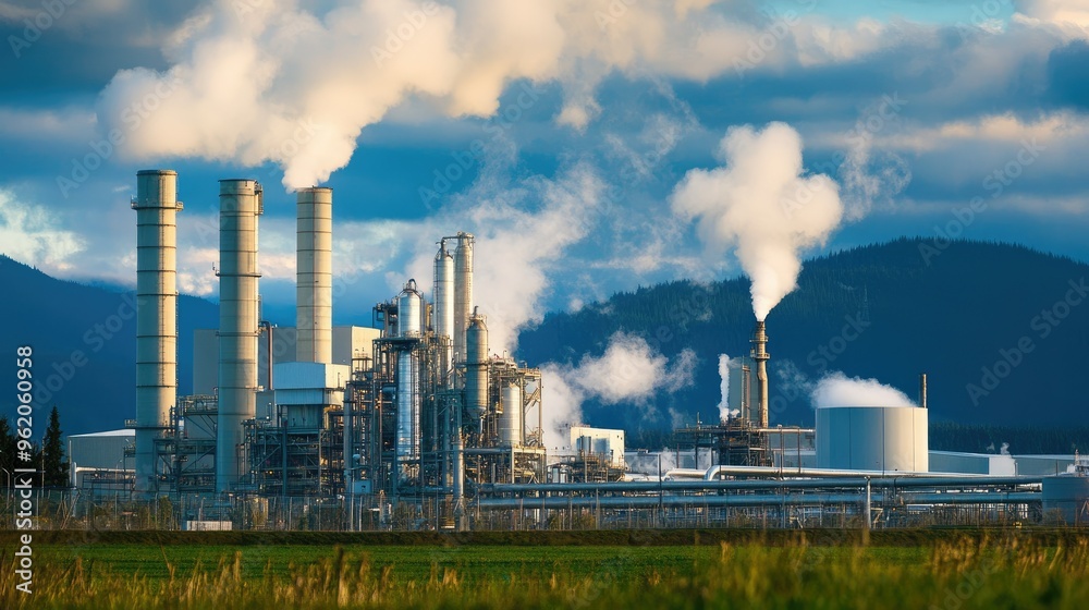 A bustling CCS facility with CO2 capture units, pipelines, and underground storage, power plant in operation, efforts to reduce greenhouse gas emissions A bustling CCS facility with CO2 capture units, pipelines, and underground storage, power plant in operation, efforts to reduce greenhouse gas emissions