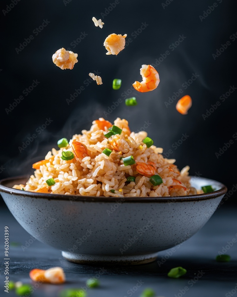 A vibrant bowl of shrimp fried rice garnished with green onions, captured in mid-air for a dynamic culinary presentation. A vibrant bowl of shrimp fried rice garnished with green onions, captured in mid-air for a dynamic culinary presentation.