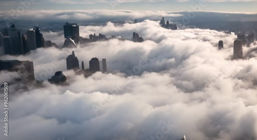 Aerial view of a city’s skyline with moving clouds.
