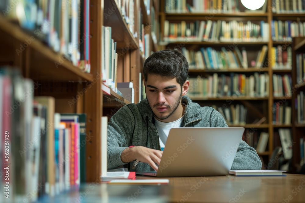Focused Adult Student Studying in a University Library Surrounded by Academic Books and Journals Focused Adult Student Studying in a University Library Surrounded by Academic Books and Journals