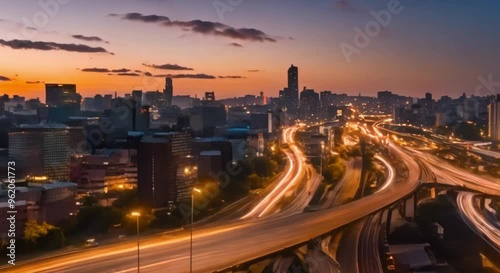 Timelapse of city traffic at dawn.
