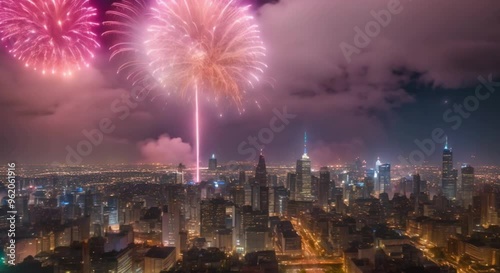 Evening shot of a city skyline with fireworks.

