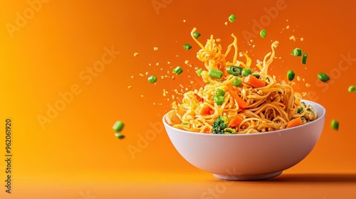 Colorful bowl of noodles tossed with fresh vegetables, against a vibrant orange background, creating an appetizing presentation.