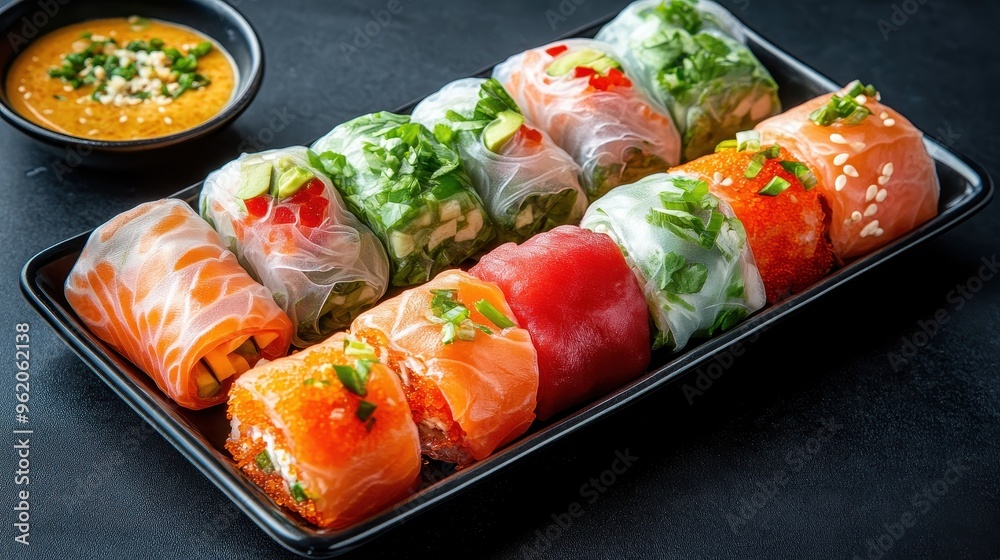 Colorful sushi rolls on a black plate, garnished with fresh herbs and served with a side of dipping sauce. Colorful sushi rolls on a black plate, garnished with fresh herbs and served with a side of dipping sauce.