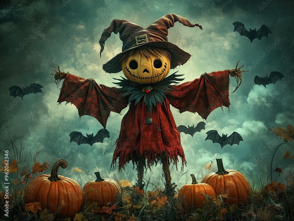 Fototapeta premium A scarecrow dressed as a vampire, surrounded by bats and pumpkins, set in a dark, misty field, cute yet eerie cartoon vibe