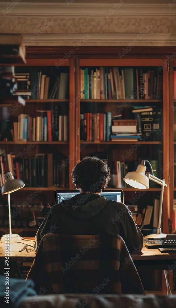 Adult Student Coding on Laptop in a Quiet Home Office Surrounded by Reference Books and Focused Atmosphere Adult Student Coding on Laptop in a Quiet Home Office Surrounded by Reference Books and Focused Atmosphere