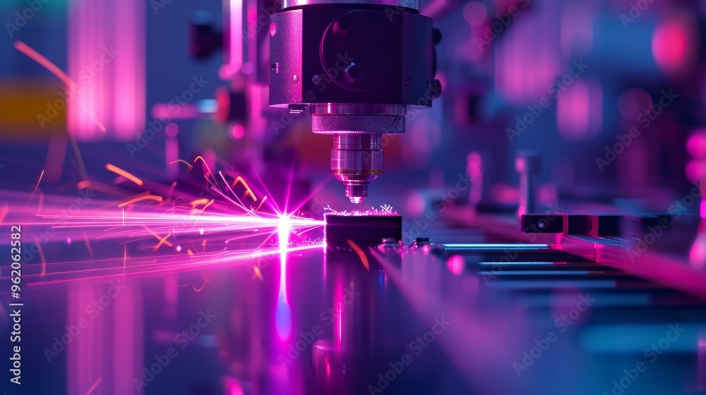 Dynamic image of a high-speed laser cutting machine in action, capturing the vibrant sparks and precision in a modern industrial setting, emphasizing technological advancement and efficiency. Dynamic image of a high-speed laser cutting machine in action, capturing the vibrant sparks and precision in a modern industrial setting, emphasizing technological advancement and efficiency.
