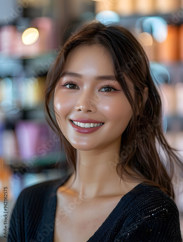 portrait of chinese woman posing in cosmetics store wearing professional makeup. Cosmetics and beauty concept
