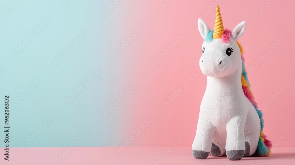 Fototapeta premium Soft plush unicorn toy with a rainbow mane, magical and cuddly