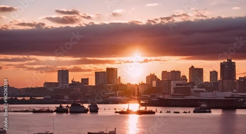 Sunset over a city’s waterfront.
