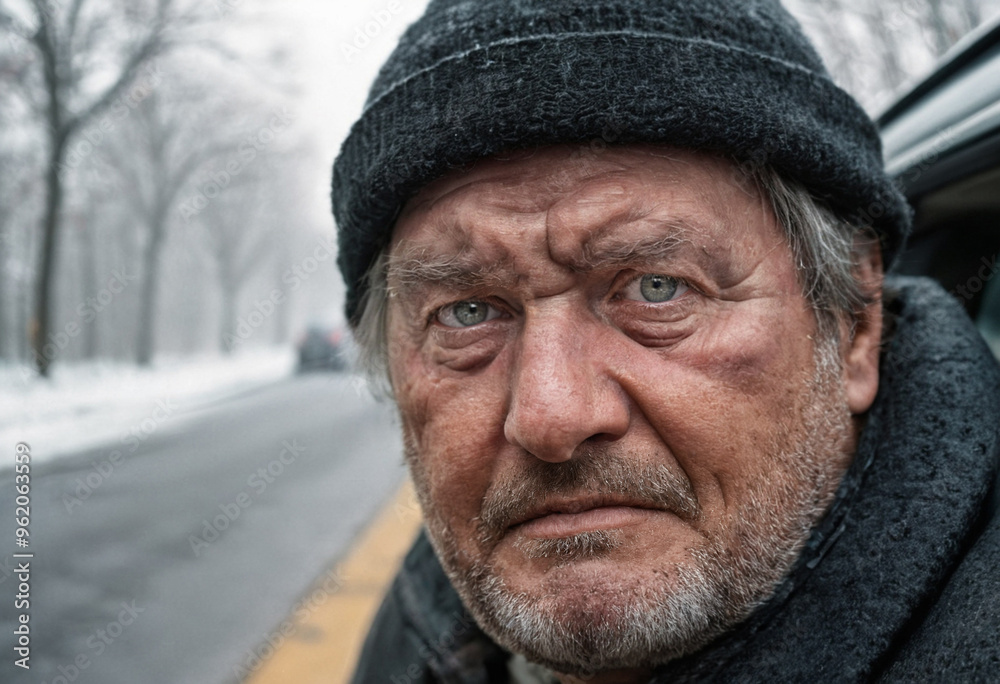 Mature man with grey hair and beard, waiting for car service by roadside in winter, car breakdown, cold weather, stressed and impatient. Mature man with grey hair and beard, waiting for car service by roadside in winter, car breakdown, cold weather, stressed and impatient.