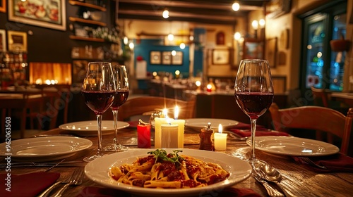 A cozy Italian trattoria interior, with red wine glasses, candles, and a table set with traditional Italian pasta dishes