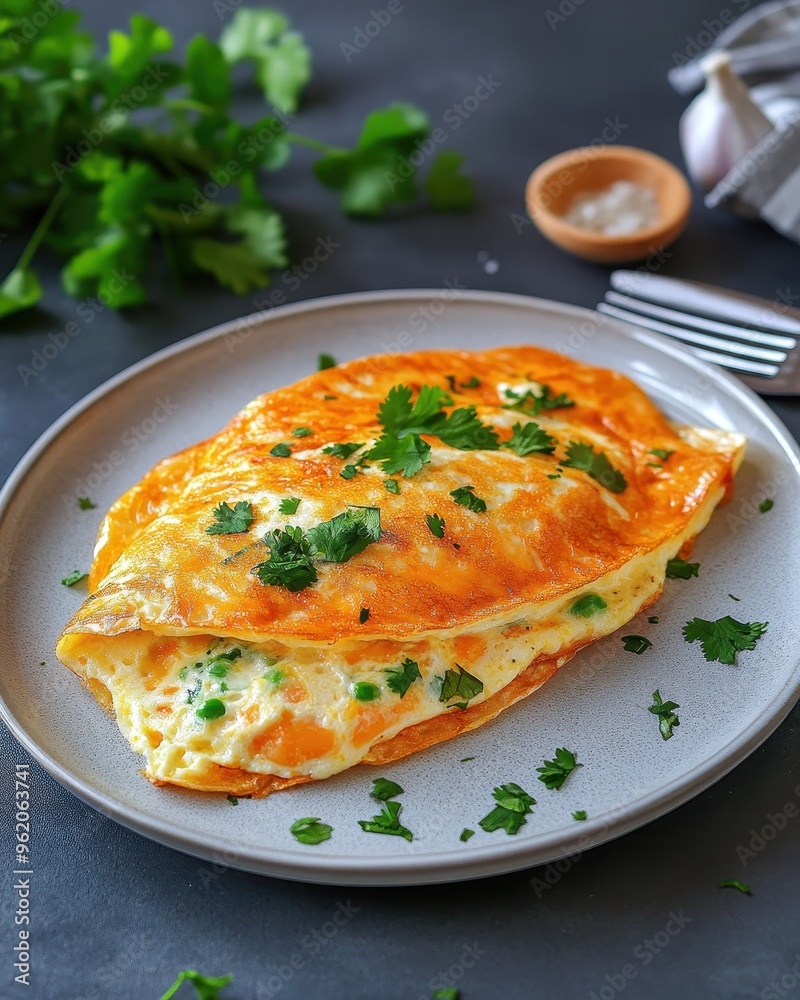 Delicious omelet garnished with fresh cilantro served on a gray plate, perfect for a hearty meal or breakfast. Delicious omelet garnished with fresh cilantro served on a gray plate, perfect for a hearty meal or breakfast.