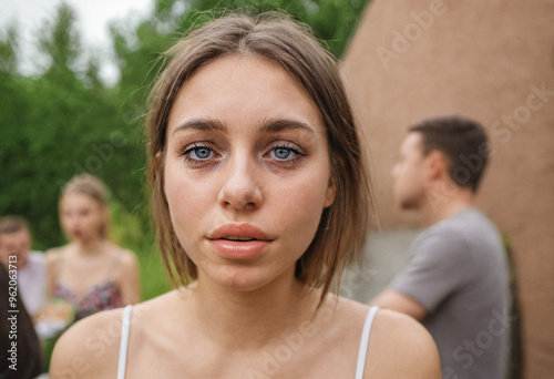 Young woman with tears in her eyes, excluded from her group of friends at a garden party, feeling introverted and bullied, teenage drama, unhappy and overdramatic.