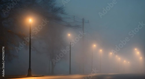 Streetlights glowing on a foggy night.
