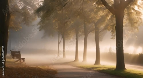 Morning fog in a city park.
