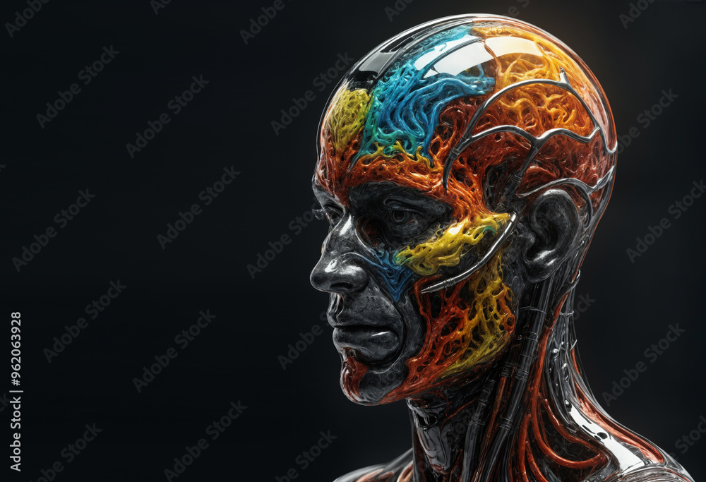 close-up view of a human head with a colorful, intricate design that includes various hues and patterns, set against a black background. close-up view of a human head with a colorful, intricate design that includes various hues and patterns, set against a black background.