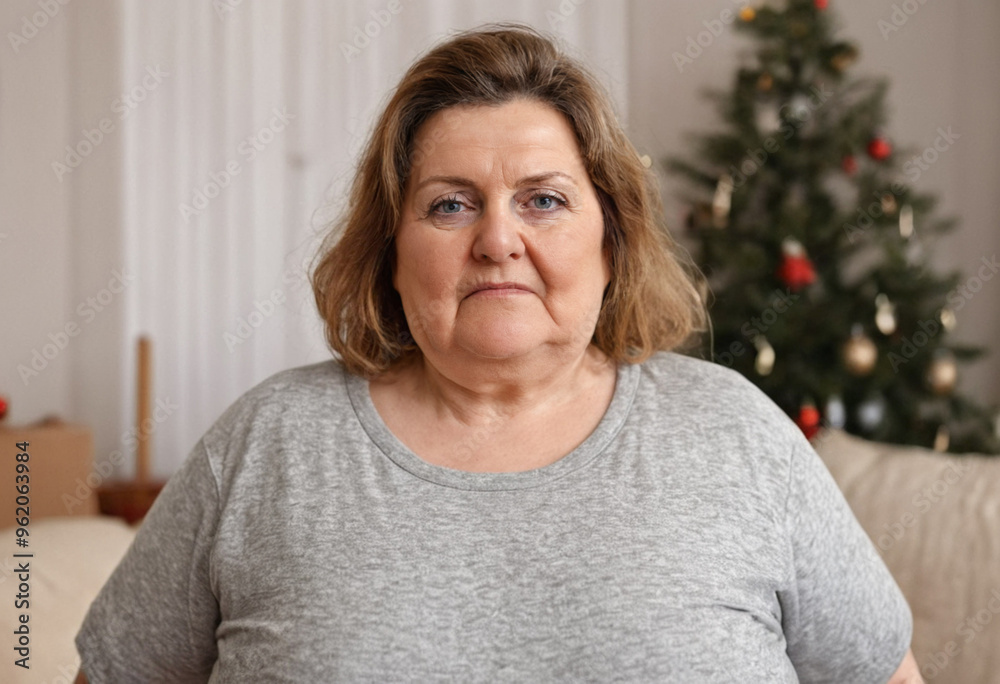 Thoughtful mature woman, reddish-brown hair, standing by Christmas tree, planning Christmas gifts or party, grey cozy sweater, preparing for Christmas Eve. Thoughtful mature woman, reddish-brown hair, standing by Christmas tree, planning Christmas gifts or party, grey cozy sweater, preparing for Christmas Eve.