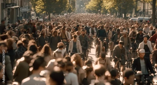 Crowded street with people and bicycles.
