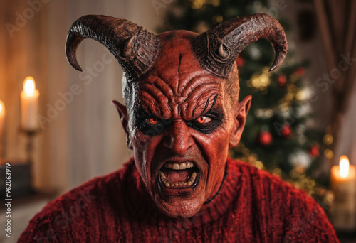 Devil appearing on Christmas Eve in a living room or church, red skin and dark horns, moaning and cursing, Christmas tree in the background.