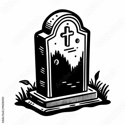 Black and White Illustration of a Tombstone with Cross Symbol and Grass Details