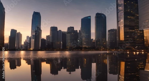 Reflection of skyscrapers in a river at dusk.
