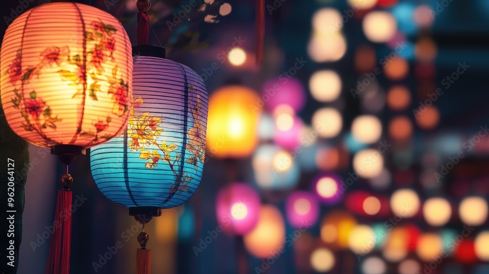 A detailed shot of lanterns with vibrant colors and artistic designs, softly glowing in the night, perfect for a festive background A detailed shot of lanterns with vibrant colors and artistic designs, softly glowing in the night, perfect for a festive background