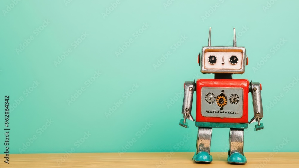 Fototapeta premium Vintage metal wind-up robot toy walking on a table, gears visible