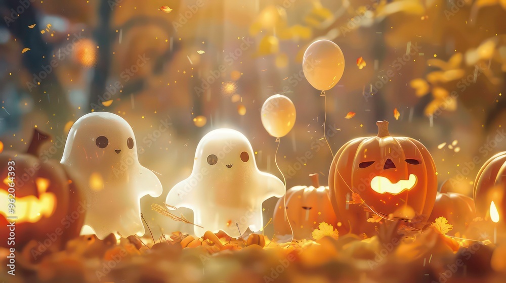 Two friendly ghosts and a jack-o-lantern celebrate Halloween surrounded by autumn leaves and balloons.