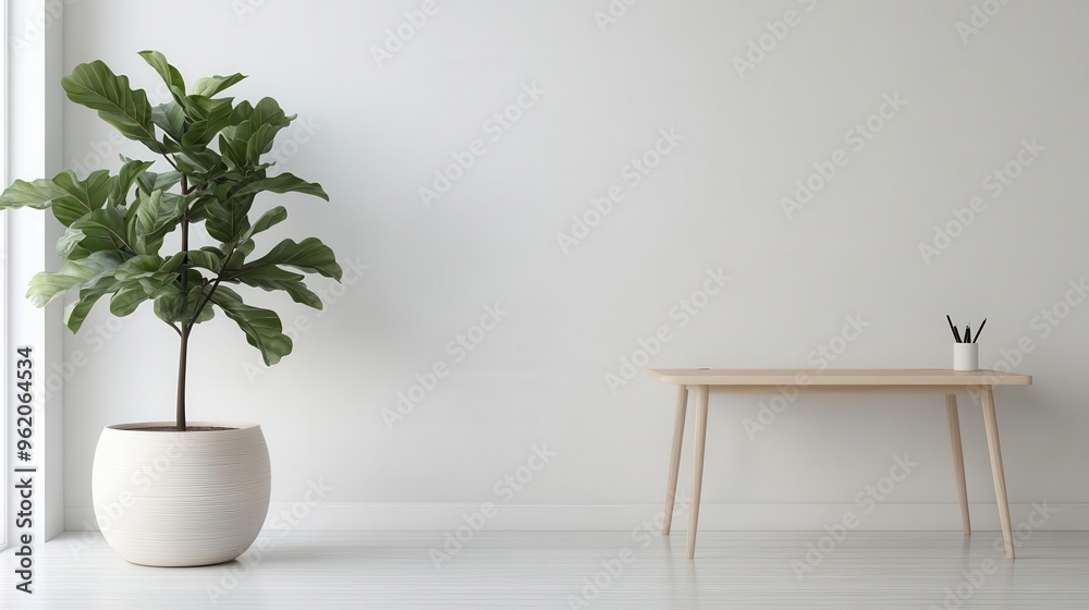 A minimalist office room with white walls, a simple wooden desk, and a large indoor plant, office room, minimalist, indoor plant A minimalist office room with white walls, a simple wooden desk, and a large indoor plant, office room, minimalist, indoor plant