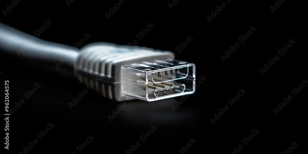 Internet network cable with a transparent connector shown on a black background. Internet network cable with a transparent connector shown on a black background.