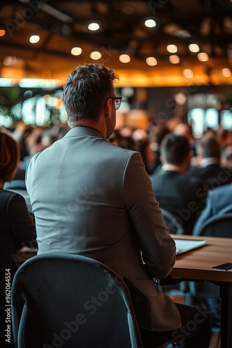 Businessman in gray suit attends conference, viewed from behind in dimly lit auditorium with bokeh lights